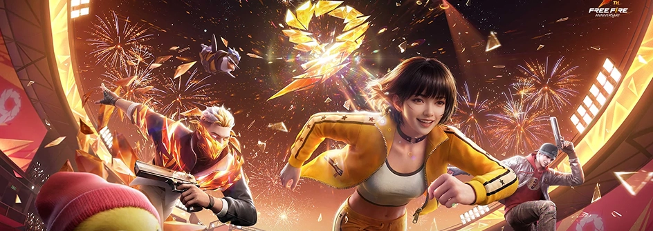 Banner promocional do Free Fire com personagens populares, ação explosiva de battle royale, fogos de artifício e um ambiente de evento de campeonato.