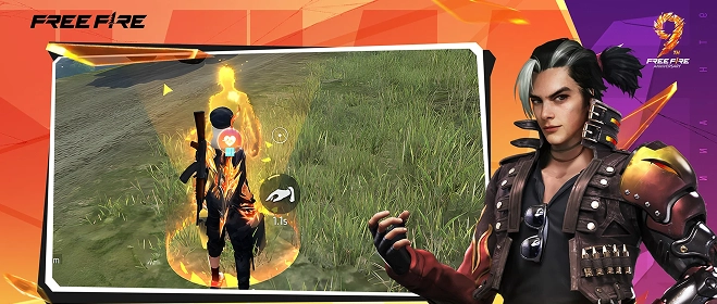 Atualização das habilidades das personagens do Free Fire, que mostra a ativação de uma habilidade especial com um herói em destaque durante uma intensa partida de battle royale.