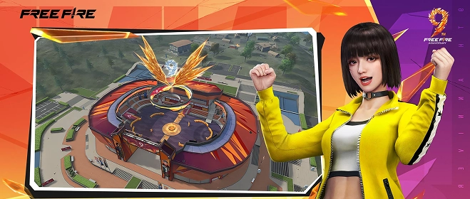 Atualização do Free Fire que apresenta um novo mapa de arena de batalha com uma personagem em destaque e melhorias na jogabilidade para partidas competitivas de battle royale.