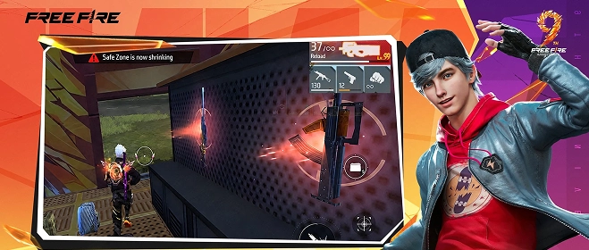 Atualização do jogo Free Fire que destaca novas mecânicas de armas, funcionalidades de combate e uma personagem em destaque num ambiente de battle royale repleto de ação.